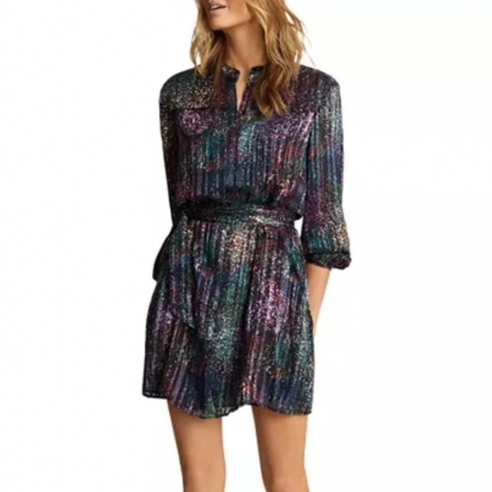 REISS Isla Lurex Print Mini Shirt Dress Multi Rainbow‎ Metallic Band Collar Sz 8